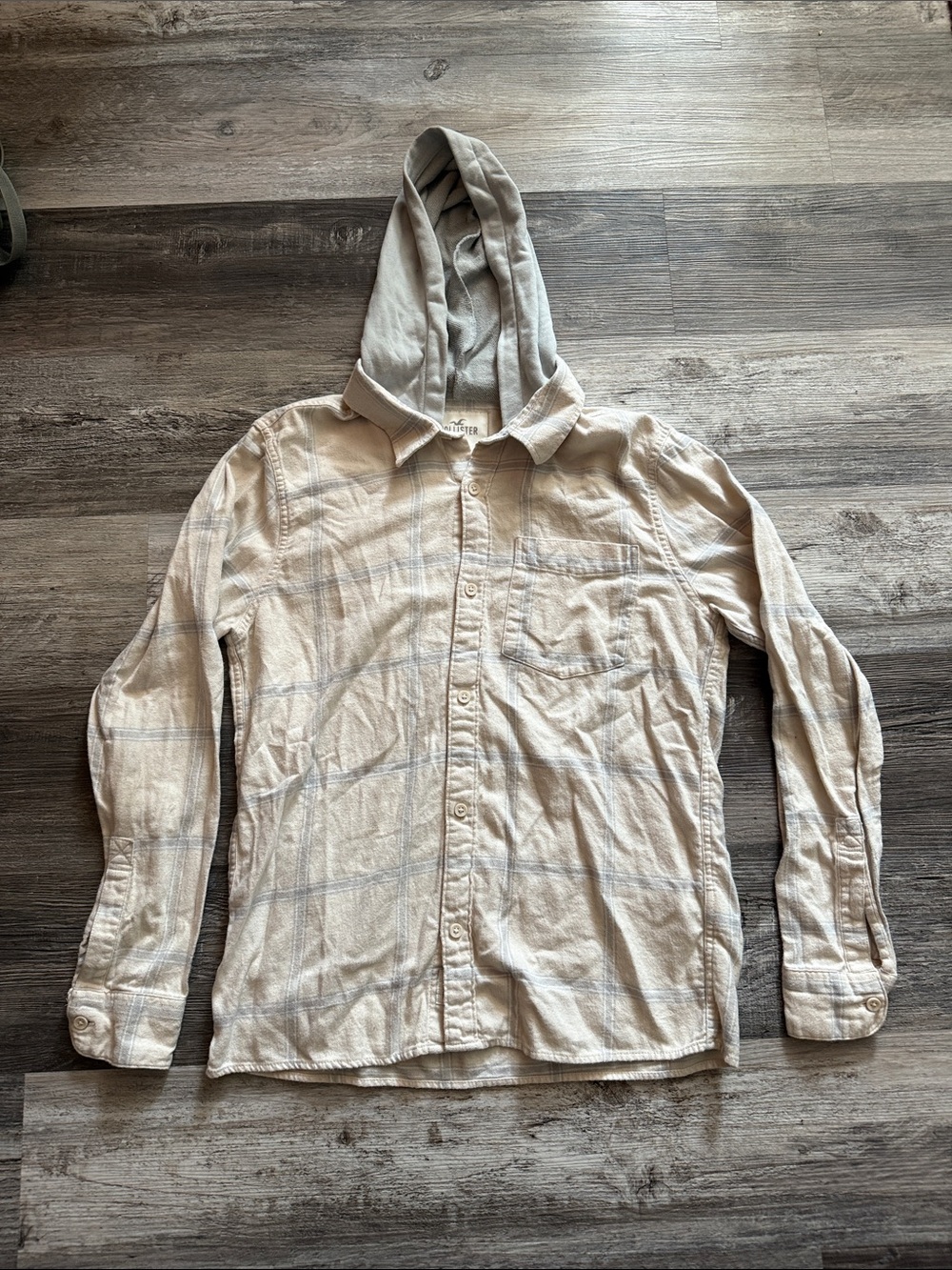 Hollister Mens Beige Flannel Button up Hoodie
